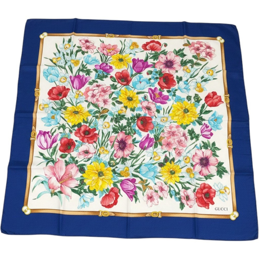Gucci Silk Scarf OS Blue Floral Botanical Accornero Print Made in Italy